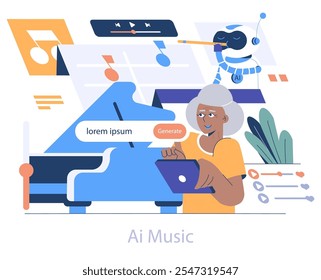 AI Music concept. An AI robot playing music alongside a hobbyist creating tunes on a tablet. Innovative technology meets creative artistry. Vector illustration.