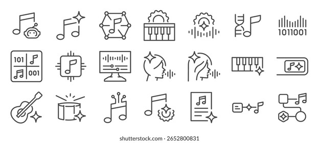 Um conjunto de ícones gerados pela música do ai. Incluía música, melodia, gerador de música, inteligência artificial e mais ícones. Traçado de vetor editável.