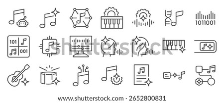 An ai music generated icon set. It included song, melody, music generator, artificial intelligence, and more icons. Editable Vector Stroke.