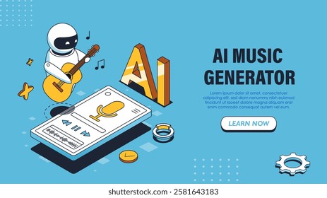 AI music generator poster. Robot with guitar near smartphone with mic. Melodies and songs. Artificial Intelligence and Machine Learning. Landing webpage design. Isometric vector illustration