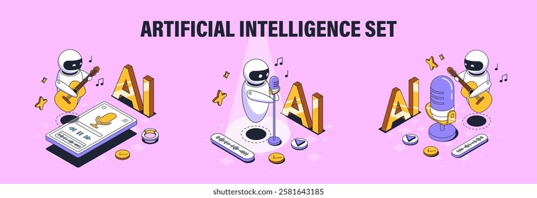 AI music set. Robot with musical instruments. Creativity and art. Futuristic technology. Melodies and songs, creativity. Isometric vector collection isolated on pink background