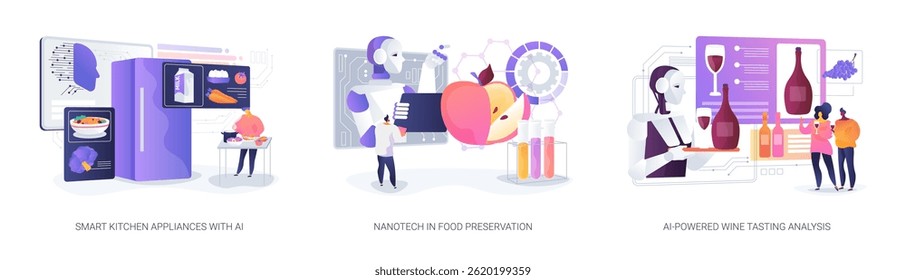 AI and Nanotech Enhancing Food and Beverage abstract concept vector illustration set. Smart kitchen devices, nanotech for freshness, and AI-driven wine pairing recommendations. abstract metaphor.
