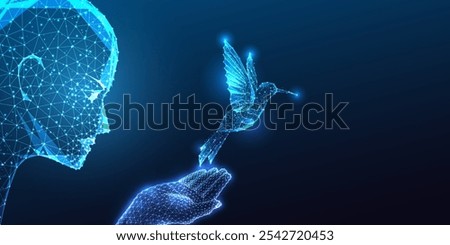 AI and nature harmony concept with robotic head holding colibri bird on dark blue background. Balance between technology, innovation, and beauty of natural world.Glowing abstract vector illustration.