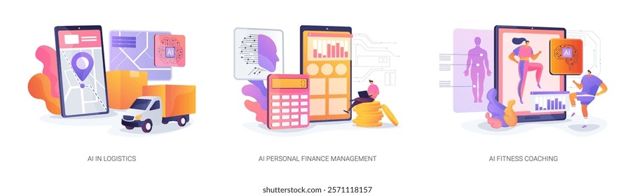 AI for Navigation and Lifestyle abstract concept vector illustration set. Optimized routes, AI financial management, and personalized fitness coaching with real-time feedback. abstract metaphor.