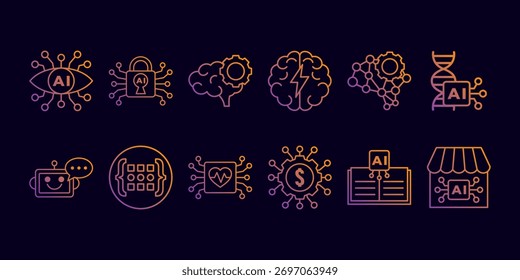 PAQUETE de ícono de línea de gradiente de neón de IA que muestra el cerebro, la robótica, la red neuronal, la codificación y la tecnología financiera. Perfecto para tecnología, innovación, datos y proyectos digitales futuristas.