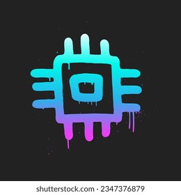 Graffiti de AI Neon. CPU. Inteligencia Artificial al estilo urbano. Clipart de moda en el año 2000. Efectos de salpicaduras y caídas. Grunge y pulverización textura.