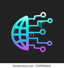 AI Neon Graffiti. Processor tech with a globe, web concept. Artificial Intelligence in Urban Street Style. Trendy Y2K clipart. Splash effects and drops. Grunge and spray texture.