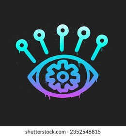 AI Neon Graffiti. Robotic eye, cyber vision. Circuit. Artificial Intelligence in Urban Street Style. Trendy Y2K clipart. Splash effects and drops. Grunge and spray texture.
