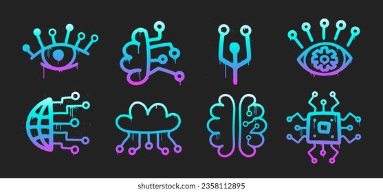 AI Neon Graffiti Set. Artificial Intelligence in Urban Street Style. Trendy Y2K clipart. Splash effects and drops. Grunge and spray texture.