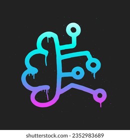 AI Neon Graffiti. Tech brain with circuit. Artificial Intelligence in Urban Street Style. Trendy Y2K clipart. Splash effects and drops. Grunge and spray texture.