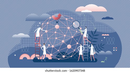 AI network machine learning developers, flat tiny persons concept vector illustration. Abstract cyberspace system design process. Big data research algorithm and industry 4.0 innovation progress.