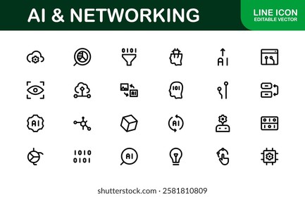 AI and Networking Icons. High-Quality Vector Illustrations for Machine Learning, Cloud Networking, Data Security, and UI-UX Design Solutions