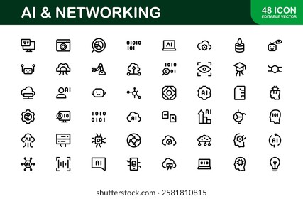 AI and Networking Icons. High-Quality Vector Illustrations for Machine Learning, Cloud Networking, Data Security, and UI-UX Design Solutions