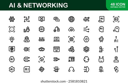 AI and Networking Icons. High-Quality Vector Illustrations for Machine Learning, Cloud Networking, Data Security, and UI-UX Design Solutions