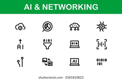 AI and Networking Icons. High-Quality Vector Illustrations for Machine Learning, Cloud Networking, Data Security, and UI-UX Design Solutions