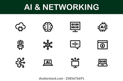 AI and Networking Icons. High-Quality Vector Illustrations for Machine Learning, Cloud Networking, Data Security, and UI-UX Design Solutions