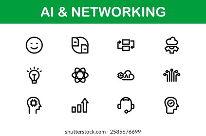 AI and Networking Icons. High-Quality Vector Illustrations for Machine Learning, Cloud Networking, Data Security, and UI-UX Design Solutions