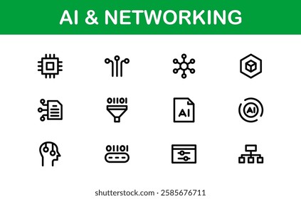AI and Networking Icons. High-Quality Vector Illustrations for Machine Learning, Cloud Networking, Data Security, and UI-UX Design Solutions