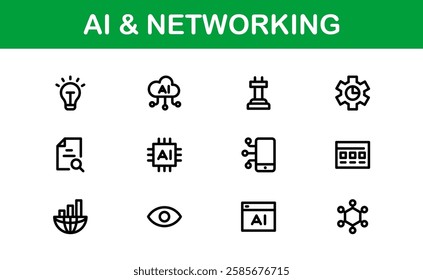 AI and Networking Icons. High-Quality Vector Illustrations for Machine Learning, Cloud Networking, Data Security, and UI-UX Design Solutions