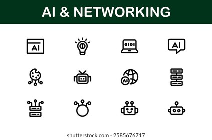 AI and Networking Icons. High-Quality Vector Illustrations for Machine Learning, Cloud Networking, Data Security, and UI-UX Design Solutions
