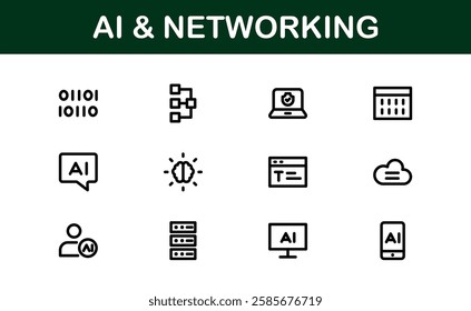 AI and Networking Icons. High-Quality Vector Illustrations for Machine Learning, Cloud Networking, Data Security, and UI-UX Design Solutions