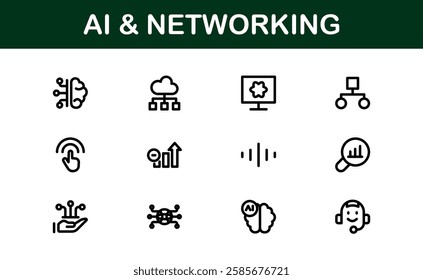 AI and Networking Icons. High-Quality Vector Illustrations for Machine Learning, Cloud Networking, Data Security, and UI-UX Design Solutions