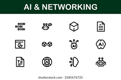 AI and Networking Icons. High-Quality Vector Illustrations for Machine Learning, Cloud Networking, Data Security, and UI-UX Design Solutions
