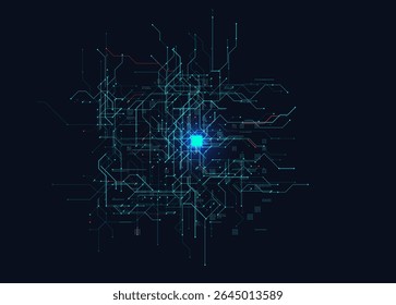 AI Neural Circuit Board Center Glow Data Flow Tech Background. Abstract Futuristic Digital Grid With Glowing Core And Complex Lines On Dark Interface. Cybernetic map BG. Vector Illustration