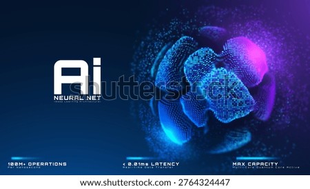 Ai neural net showing cyber brain architecture concept. Blue glowing particle sphere background. Futuristic technology banner with quantum big data flow, vector illustration.