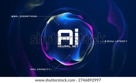AI neural network concept with glowing 3D particle sphere on dark background. Modern deep learning architecture and quantum computing system. Vector illustration.