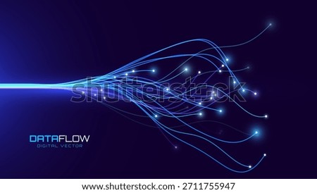 AI Neural Network Data Lines Flowing in Abstract Digital Space. Optic Fiber Speed Internet Concept. Neuron Connections Showing Synergy and Communication on Futuristic Background. Vector Illustration.