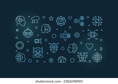 AI and Neural Network Digital Face concept outline horizontal blue banner - Vector illustration on dark background