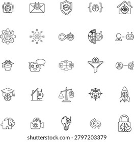 Ai neural network and digital technology icon set with artificial inte