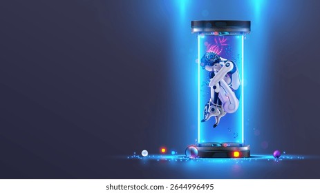 AI neural network. A female robot with artificial intelligence in a capsule in the fetal position is connected to the network by wires. AI cyborg learning in cyberspace hibernation. Sci-fi ai cyborg.