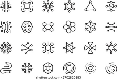 Conjunto de iconos de contorno de redes neuronales y de IA: aprendizaje automático, patrones de circuito, conexiones de datos, símbolos tecnológicos