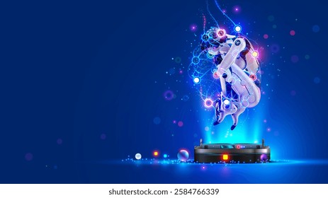 Ai neural network. Ai robot woman in the fetal position is wrapped in a neural network hovered over podium. Ai cyborg learning in cyberspace hibernation. Startup neural network. Sci-fi ai robot.