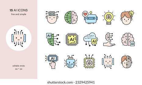 Iconos vectores de IA y redes neuronales: Implantes, Asistentes Virtuales, Robots, Soporte Tecnológico, Tecnologías Inteligentes, Integración de IA, Cloud Computing, Machine Learning. Colorida Colección lineal.