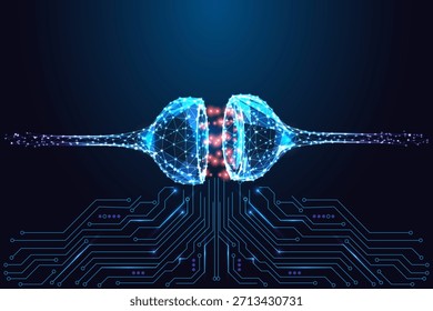 AI, neuroscience and connectivity. Digital synapse transferring glowing signals over neon circuitry. Futuristic tech concept for brain tech, machine learning and neural networks, vector illustration.
