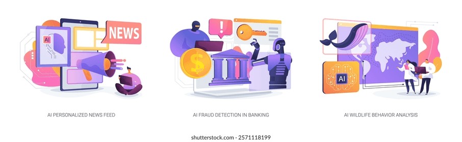 AI in News, Finance, and Science abstract concept vector illustration set. Curated news, real-time fraud detection, and wildlife pattern analysis with AI tools. abstract metaphor.