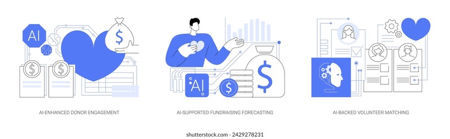 AI for Nonprofit Organizations abstract concept vector illustration set. AI-Enhanced Donor Engagement, AI-Supported Fundraising Forecasting, AI-Backed Volunteer Matching abstract metaphor.