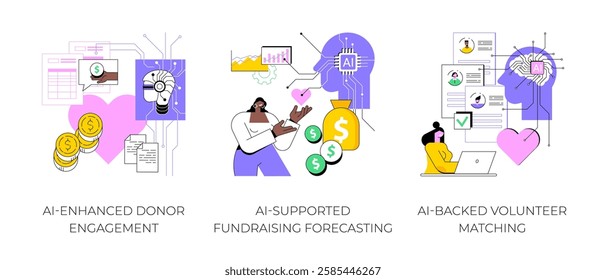 AI for Nonprofit Organizations abstract concept vector illustration set. AI-Enhanced Donor Engagement, AI-Supported Fundraising Forecasting, AI-Backed Volunteer Matching abstract metaphor.