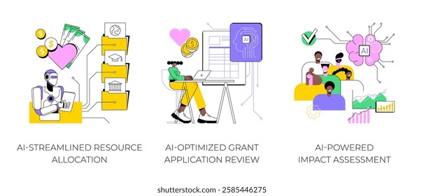 AI in Nonprofit and Social Impact abstract concept vector illustration set. AI-Streamlined Resource Allocation, AI-Optimized Grant Application Review, AI-Powered Impact Assessment abstract metaphor.