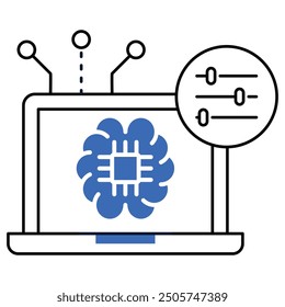 AI on a laptop with control sliders, representing AI customization, machine learning, and digital optimization.