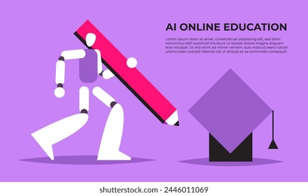 AI Educación en línea. Los estudiantes estudian en línea con la ayuda de un robot asistente de IA. Concepto de e-learning. Lindo robot de dibujos animados. Tecnología de bots de charla. Ilustración vectorial plana.