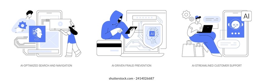 AI in online shopping abstract concept vector illustration set. AI-Optimized Search and Navigation, AI-Driven Fraud Prevention, AI-Streamlined Customer Support with chatbots abstract metaphor.