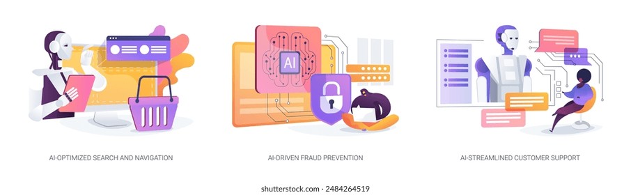 AI in online shopping abstract concept vector illustration set. AI-Optimized Search and Navigation, AI-Driven Fraud Prevention, AI-Streamlined Customer Support with chatbots abstract metaphor.