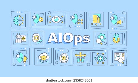AI ops text with various thin line icons concept on blue monochromatic background, editable 2D vector illustration.