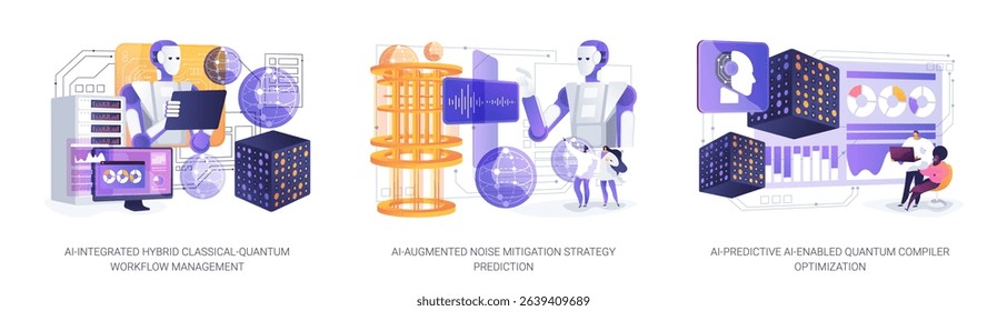 AI Optimization for Quantum Systems abstract concept vector illustration set. AI refines hybrid workflows, predicts noise strategies, and optimizes quantum compiler performance. abstract metaphor.