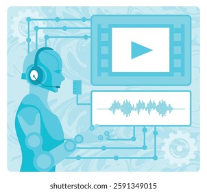 AI Optimized Film Scoring abstract concept. Score films and video productions with AI-composed music and sound effects. Flat vector modern illustration 