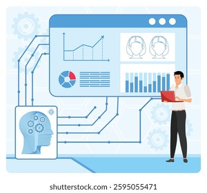 AI Optimized HR Data Analytics concept. Human Resources. Gain insights into workforce trends, data driven HR decisions.  Flat vector modern illustration 